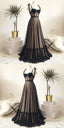 Vintage Polka Dots Spaghetti Straps Black Long Prom Dress