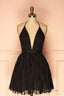 Deep V Neck Short Black Tulle Homecoming Dress