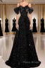 A-Line Off Shoulder Velvet Sequin Long Black Formal Prom Dresses, Black Long Evening Dresses