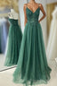Hunter Green A-line Beaded Applique Straps Tulle Long Formal Prom Dresses