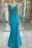 Jade Appliques Straps Twist Knot Mermaid Satin Long Formal Prom Dresses