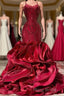 Fabulous Burgundy Long Mermaid Spaghetti Straps Satin Lace Formal Prom Dresses