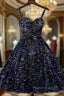Glitter Navy Blue Sequin Short Formal Prom Dresses