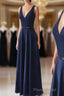 Navy Blue V-neck Floor Length Simple Cute Long Formal Prom Dresses
