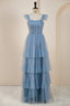 Dusty Blue Flutter Sleeves A-line Multi-Layers Long Prom Dress with Slit