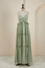 Sage Lace-Up Deep V Neck Ruffled Empire Long Prom Dress