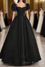 Black Sweetheart Short Sleeves Beaded Party Dresses, A-Line Black Satin Formal Prom Dresses