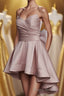 High Low Style Sweetheart Bow Back Satin homecoming Dresses