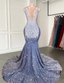 Long Mermaid Prom Dresses Sparkly Diamond Sheer Scoop Neckline Silver Sequined Black Girl Prom Formal Gowns