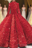 Glitter High Neck Open Back Lace Up Ball Gown Formal Prom Dresses