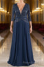 Navy V-Neck Long Sleeves Lace Appliques Chiffon Formal Prom Dresses