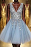 Blue V Neck Homecoming Dresses With Beadings