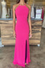 Sheath Halter Hot Pink Long Formal Prom Dresses with Silt