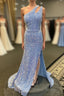 Light Blue One Shoulder Cut-Out Mermaid Long Formal Prom Dresses with Fringes