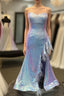 Plus Size Light Blue Sweetheart Mermaid Sequins Long Formal Prom Dresses with Feathers