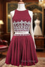 A-line Beaded Crystals Burgundy Chiffon Two Piece Homecoming Dresses