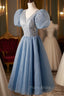 A-Line Beaded Short Formal Prom Dresses, Cute Short Sleeve Homecoming Party Dresses