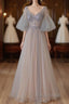A-Line Beaded V-Neckline Tulle Formal Dresses, Puffy Sleeves Long Formal Prom Dresses