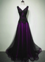 A-Line Black And Purple Tulle V-Neckline Beaded Formal Prom Dresses, Black Tulle Formal Dresses