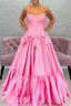 A-Line Black Scoop Neck Satin Long Formal Prom Dresses With Bow Knots