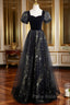 A-line Black Tulle and Velvet Long Party Dresses, Black Formal Prom Dresses