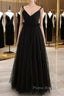 A-Line Black Tulle Long Formal Prom Dresses, Black Formal Evening Dresses