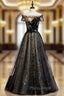 A-Line Black Tulle Sequins Off the Shoulder Long Formal Prom Dresses