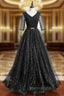 A-Line Black Tulle Sequins V-neck Short Sleeve Formal Prom Dresses