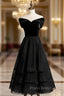 A-Line Black Tulle Velvet Off the Shoulder Tea Length Formal Prom Dresses