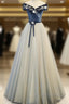 A-Line Blue-Grey Sequins Off Shoulder Long Party Dresses Velevet Long Formal Prom Dresses