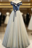 A-Line Blue-Grey Sequins Off Shoulder Long Party Dresses Velevet Long Formal Prom Dresses