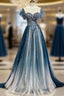 A-Line Blue Tulle Beading Backless Formal Prom Dresses