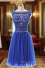 A-Line Blue Tulle Crystal Beading Backless Homecoming Dresses