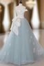 A-Line Blue Tulle Lace Applique Long Formal Prom Dresses, Blue Long Formal Dresses