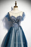 A-line Blue Tulle Long Beaded Formal Prom Dresses, A-Line Formal Evening Dresses