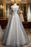 A-line Blue Tulle Sequins Spaghetti Straps Formal Prom Dresses