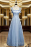 A-Line Blue Tulle Straps Ankle Length Formal Prom Dresses