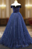 A-Line Blue Tulle Velvet Long Formal Prom Dresses, Blue Formal Dresses