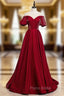 A-Line Burgundy Satin Puff Sleeve Cold Shoulder Formal Prom Dresses