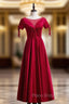 A-Line Burgundy Satin Short Sleeve Beading Formal Prom Dresses