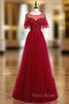 A-Line Burgundy Tulle Beading Sequins Long Formal Prom Dresses