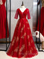 A-Line Burgundy Tulle Gold Sequins V-neck Short Sleeve Formal Prom Dresses