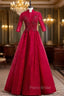 A-Line Burgundy Tulle Lace High Neck Short Sleeve Formal Prom Dresses