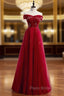 A-Line Burgundy Tulle Off the Shoulder Sequins Formal Prom Dresses