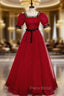 A-Line Burgundy Tulle Puff Sleeve Formal Prom Dresses