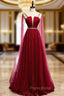 A-Line Burgundy Tulle Saghetti Straps Beading Formal Prom Dresses