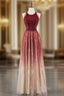 A-Line Burgundy Tulle Scoop Sleeveless Beading Sequins Formal Prom Dresses