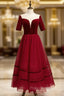 A-Line Burgundy Tulle Short Sleeve Backless Tea Length Formal Prom Dresses