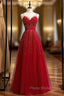 A-Line Burgundy Tulle Spaghetti Straps Beading Formal Prom Dresses