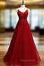 A-Line Burgundy Tulle V-neck Embrodiery Formal Prom Dresses